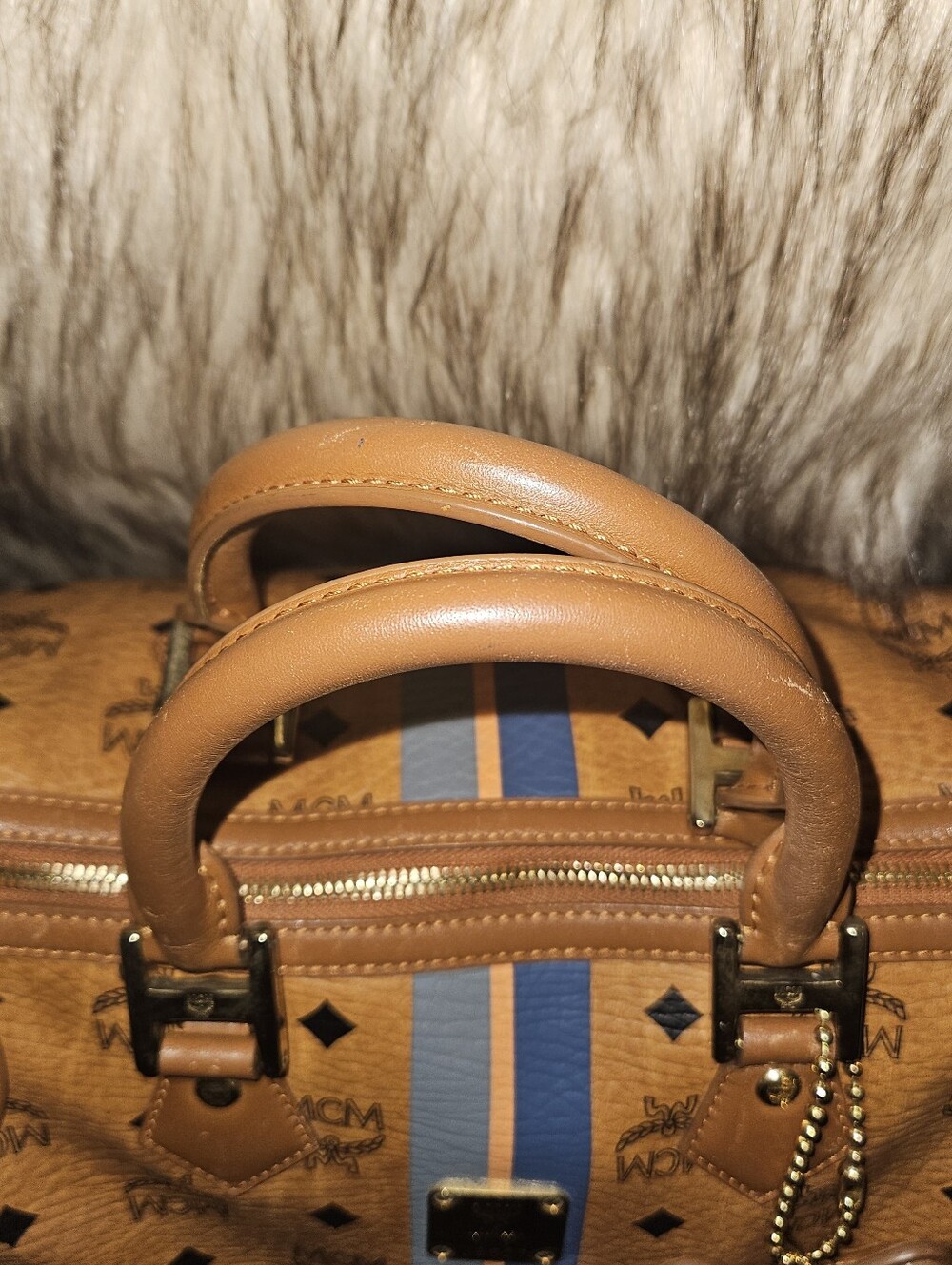 MCM Cognac Visetos Boston Satchel with Blue Stripe - Picture 7 of 9